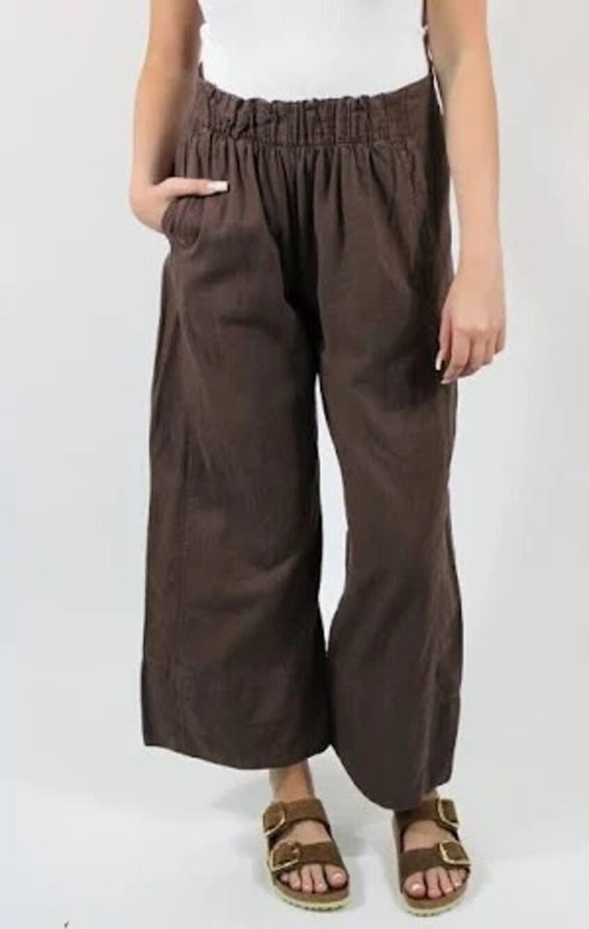 Free People M Day's End Linen Pull On Wide Leg Crop Pants Brown 21" Inseam Capri